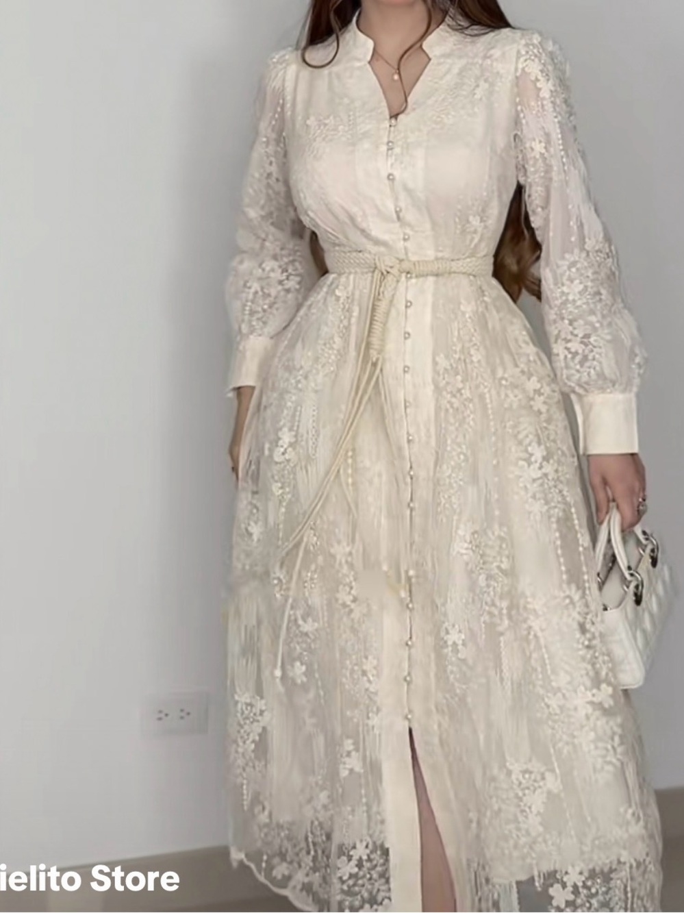 Elegant Cream Lace Button-Front Midi Dress